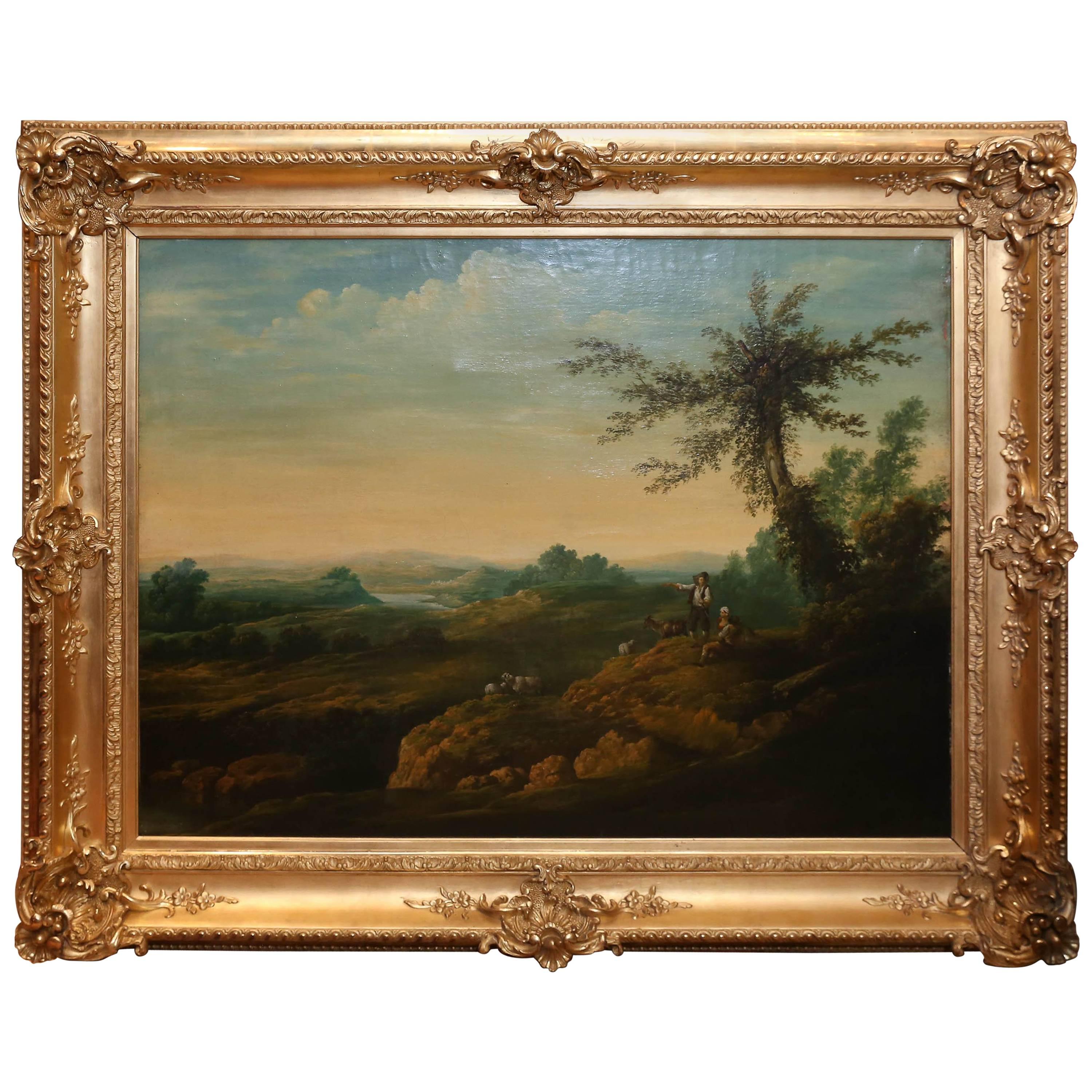 French Oil on Canvas, Pastoral Landscape Depicting Shepherds