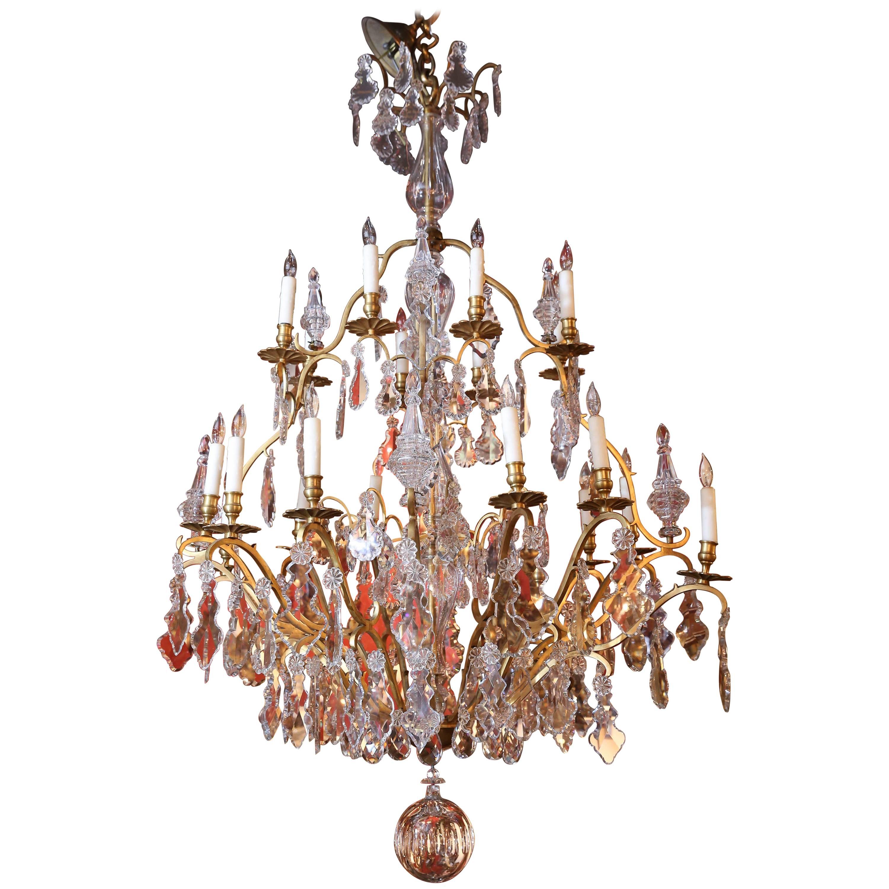 Large French Gilt Bronze and Crystal Twenty-Light Chandelier