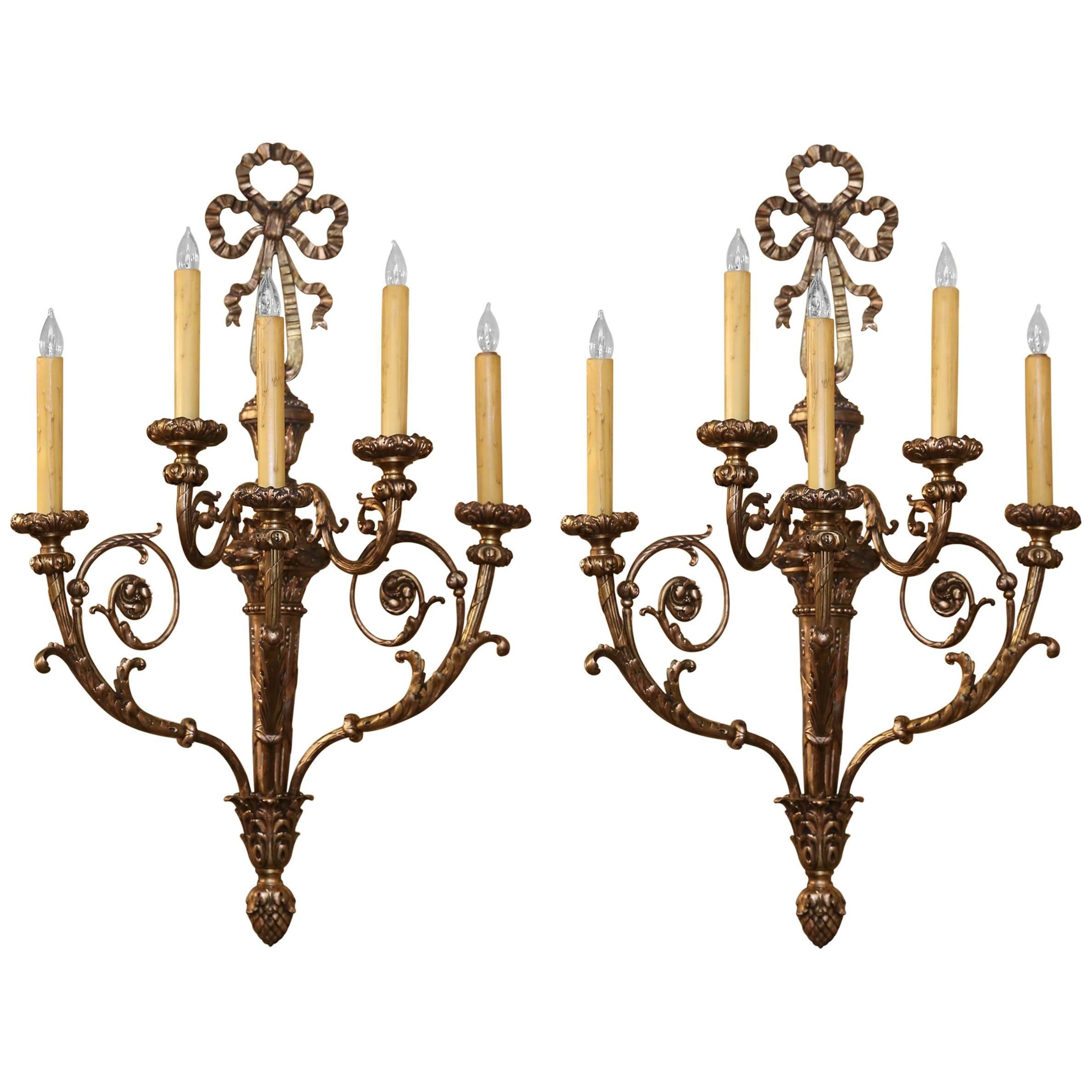Pair of Very Large French Antique Bronze Sconces, Five Lights, Wired