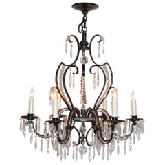 Iron and Crystal Six-Light Chandelier, circa 1920s-1930s