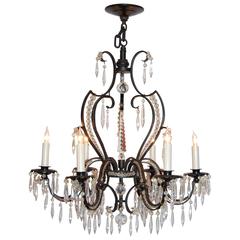 Iron and Crystal Six-Light Chandelier, circa 1920s-1930s 12