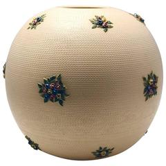 Handmade and Hand-Painted Ceramic Vase with Roses Decoration from the 1940s