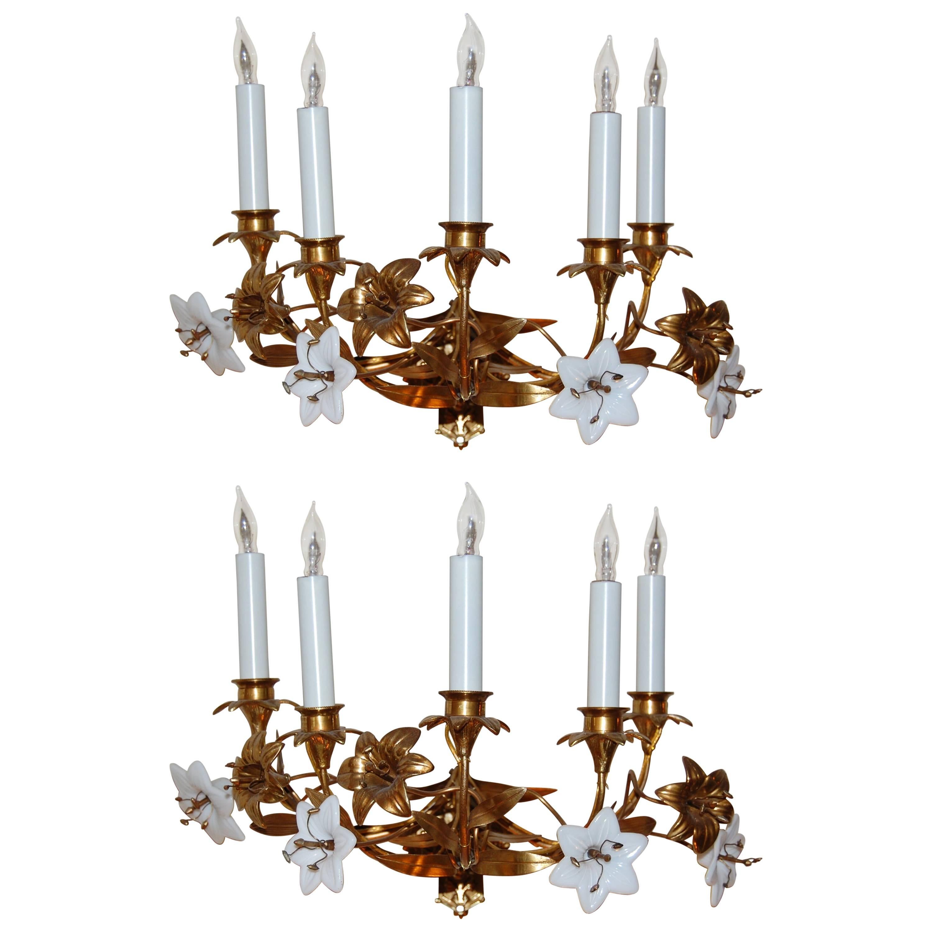 Pair of Early 19th Century Five-Light French Lily Sconces with Glass Flowers For Sale