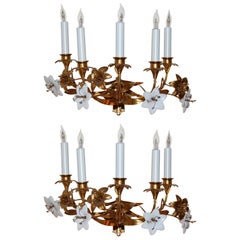 Pair of Early 19th Century Five-Light French Lily Sconces with Glass Flowers