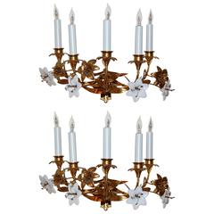 Pair of Early 19th Century Five-Light French Lily Sconces with Glass Flowers 7