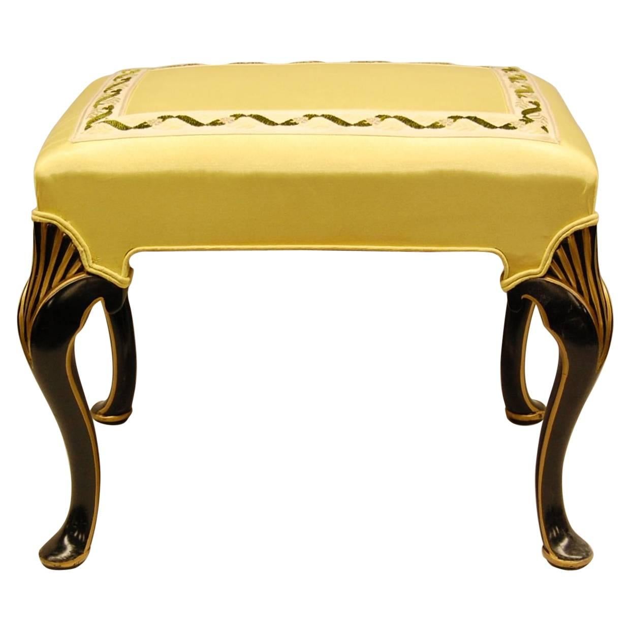 Black Lacquered and Gold Decorated Bench with Yellow Moire Fabric For Sale