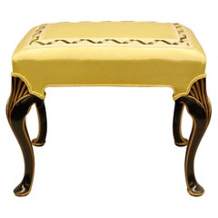 Black Lacquered and Gold Decorated Bench with Yellow Moire Fabric