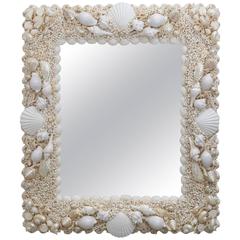 Tony Duquette Style Sea Shell Encrusted Mirror in White and Pearlized Coloration