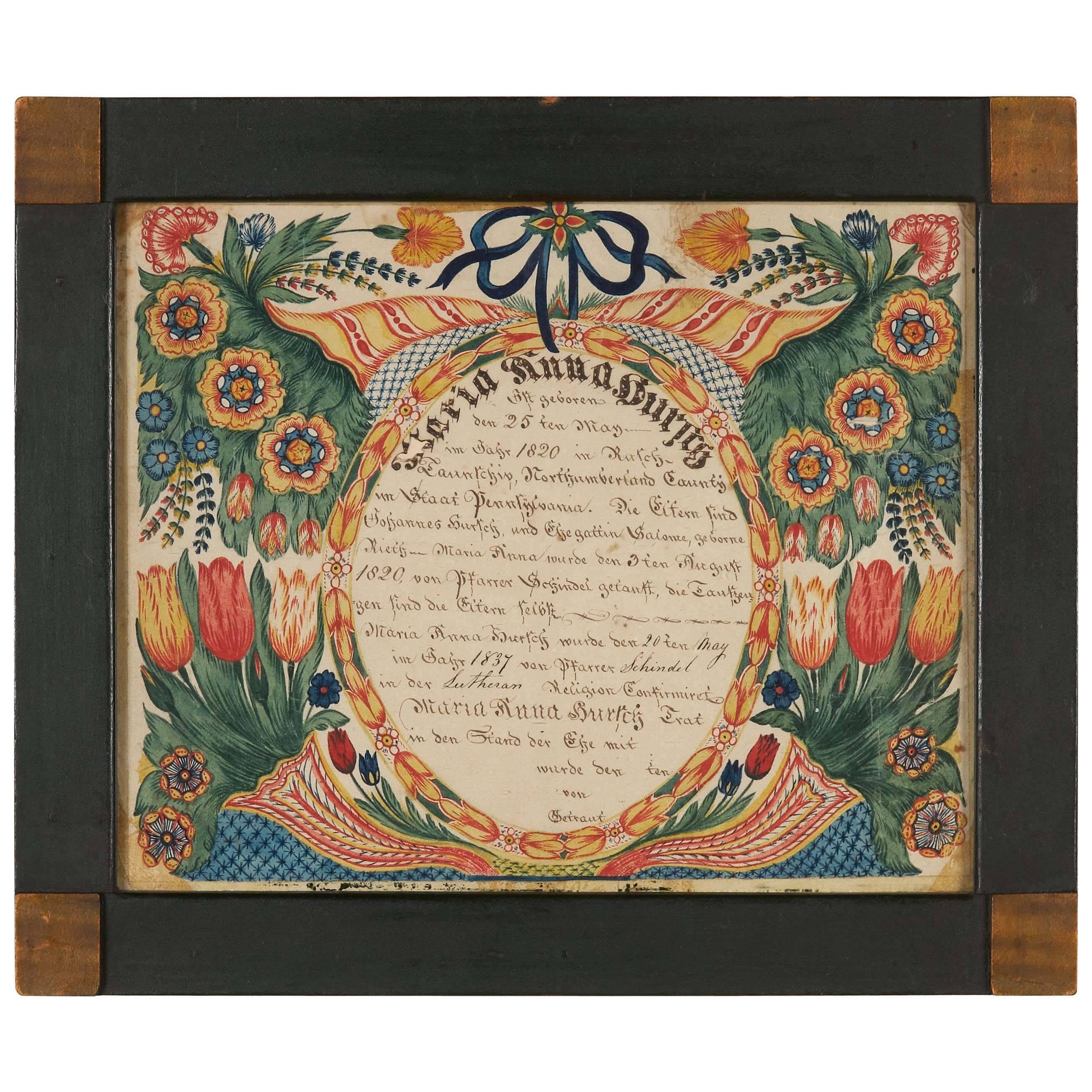 Pennsylvania Birth and Baptismal Fraktur for Maria Anna Hursch For Sale