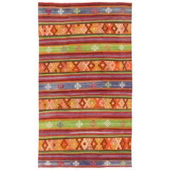 Colorful Turkish Kilim Rug with Stripe Geometric Design and Bright Colors 8
