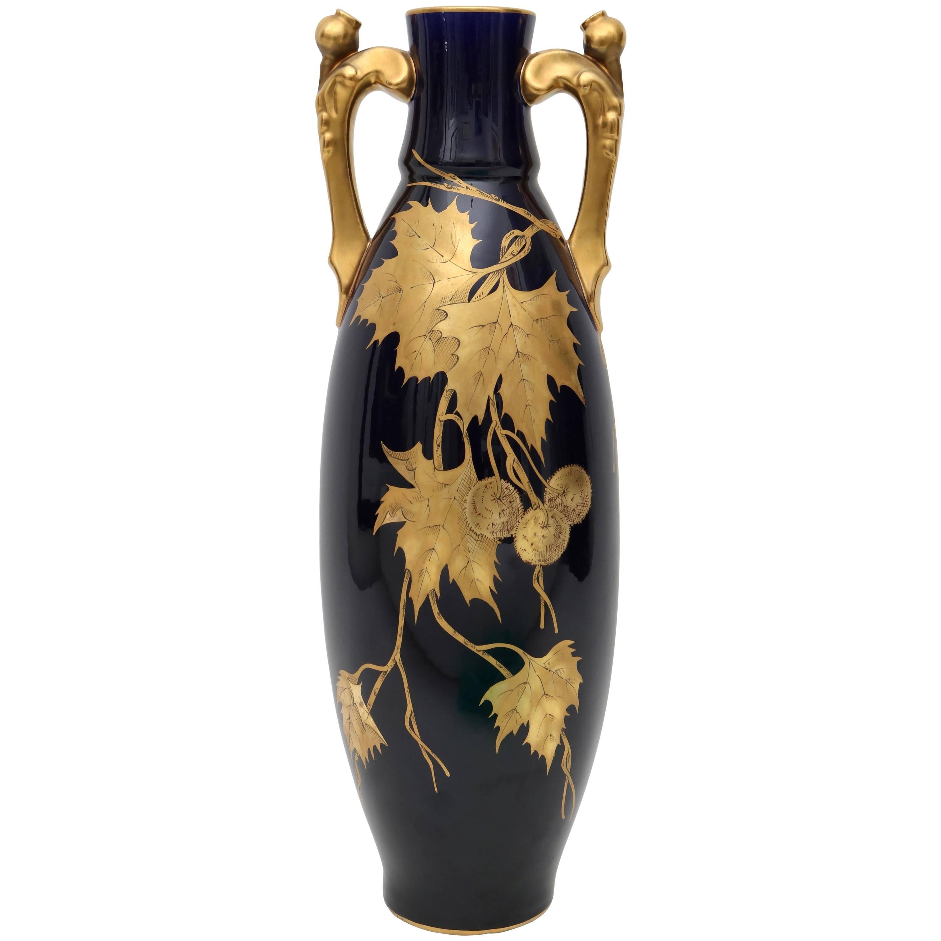 Porcelain Vase by Gustave Asch in Cobalt Blue and Gold, circa 1900
