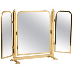 French Tri-Panel Brass Standing Vanity Mirror