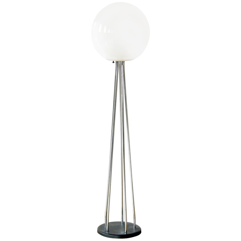 Floor Lamp with Black and Chrome Base and White Glass Globe Shade For
