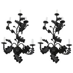 Pair of Five-Light Wall Sconces in Black with Acorn Leaf Motif