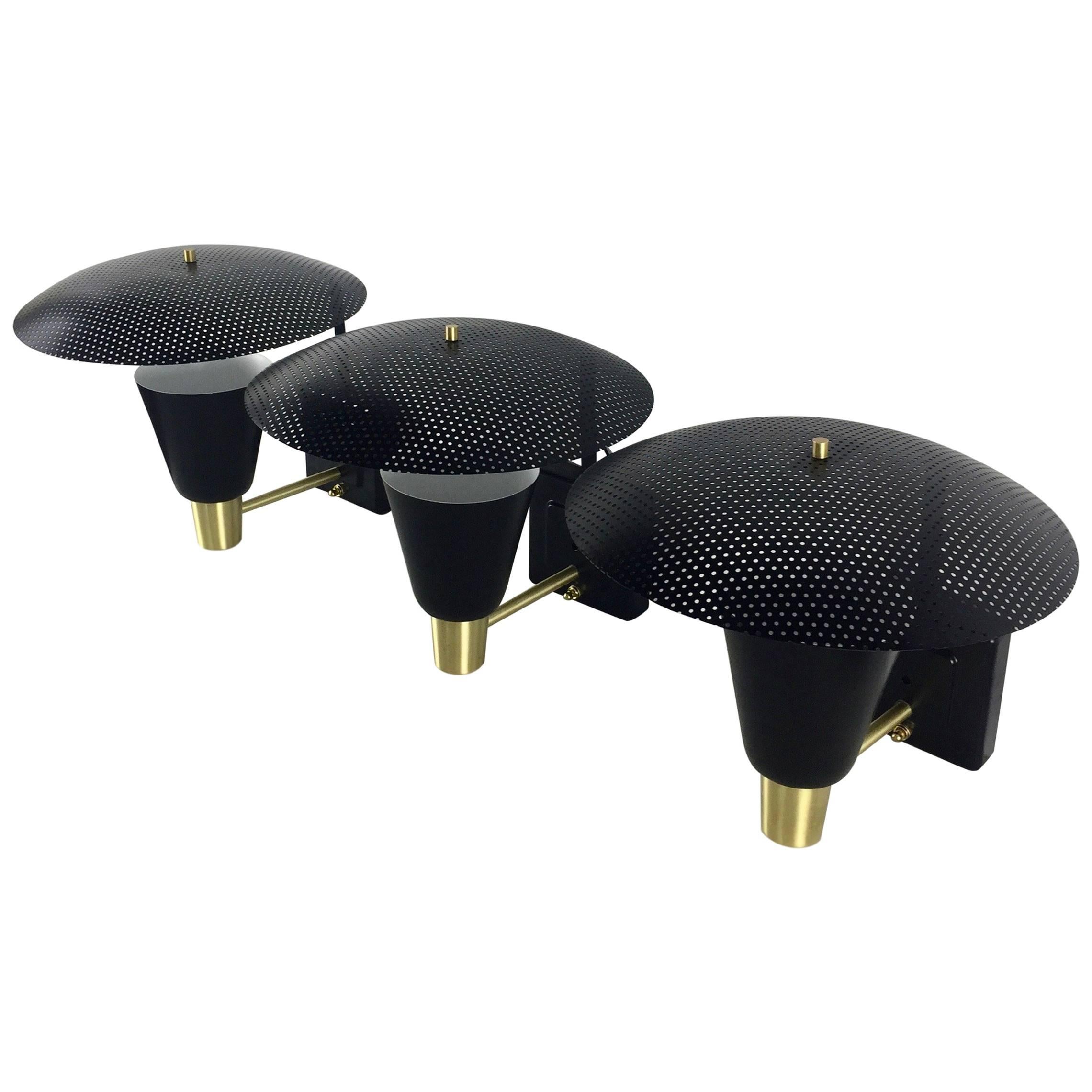 Sconces in the Style of Mategot, Enameled Black and Brass Mid Century set of 3