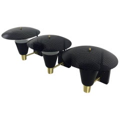 Sconces in the Style of Mategot, Enameled Black and Brass Mid Century set of 3