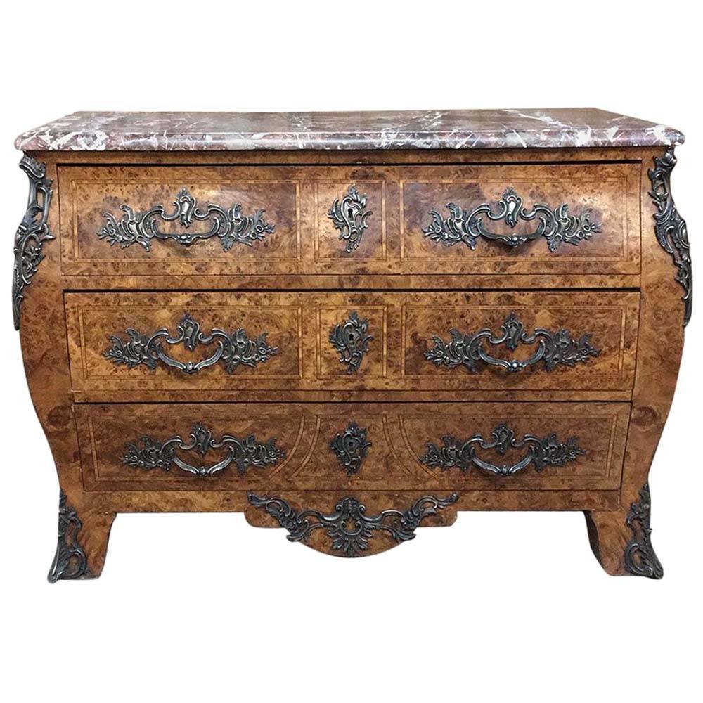 19th Century French Marble-Top Marquetry Bombe Commode