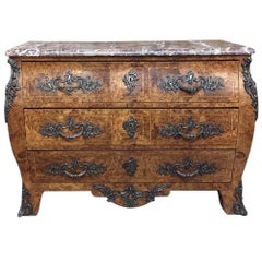 19th Century French Marble-Top Marquetry Bombe Commode