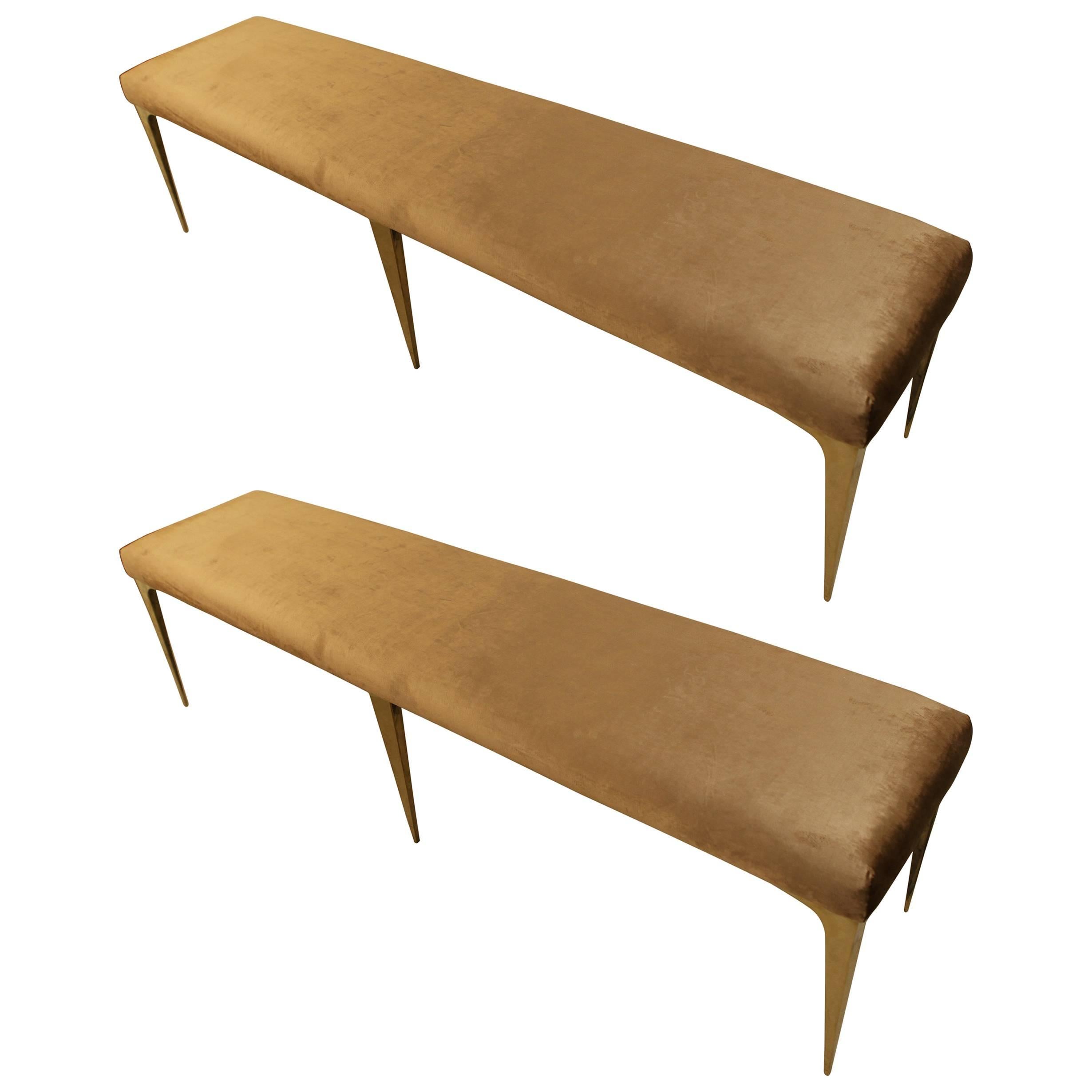 Pair of Italian Designed Benches in Gold Velvet Hollywood Regency Stle