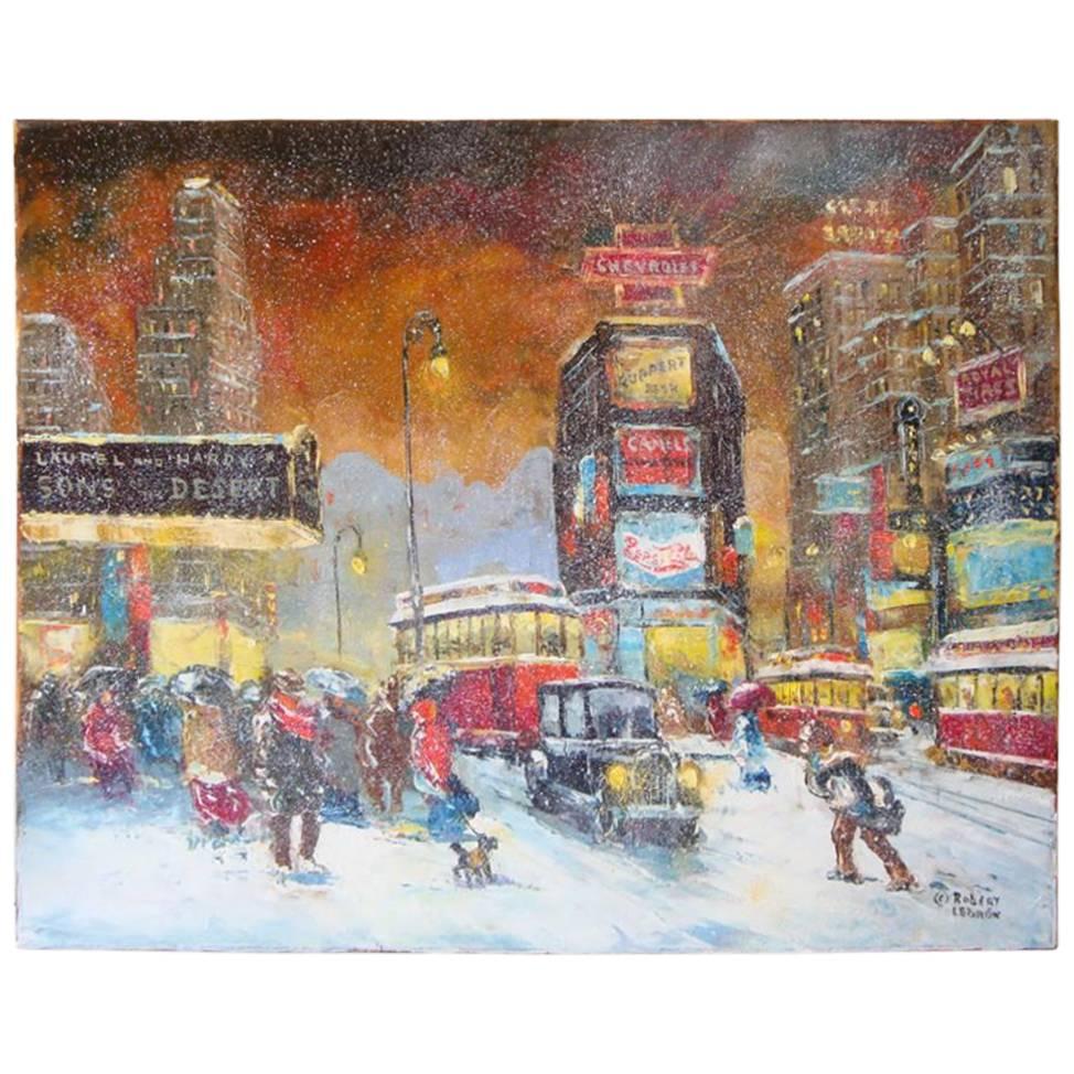 Original Framed 1932 New York Times Square Snow Painting by Robert Lebron For Sale