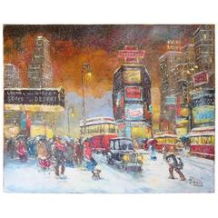 Vintage Original Framed 1932 New York Times Square Snow Painting by Robert Lebron