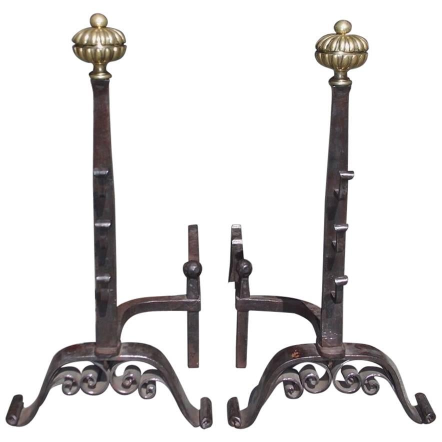 Pair of English Wrought Iron and Brass Melon Top Andirons, Circa 1820 For Sale