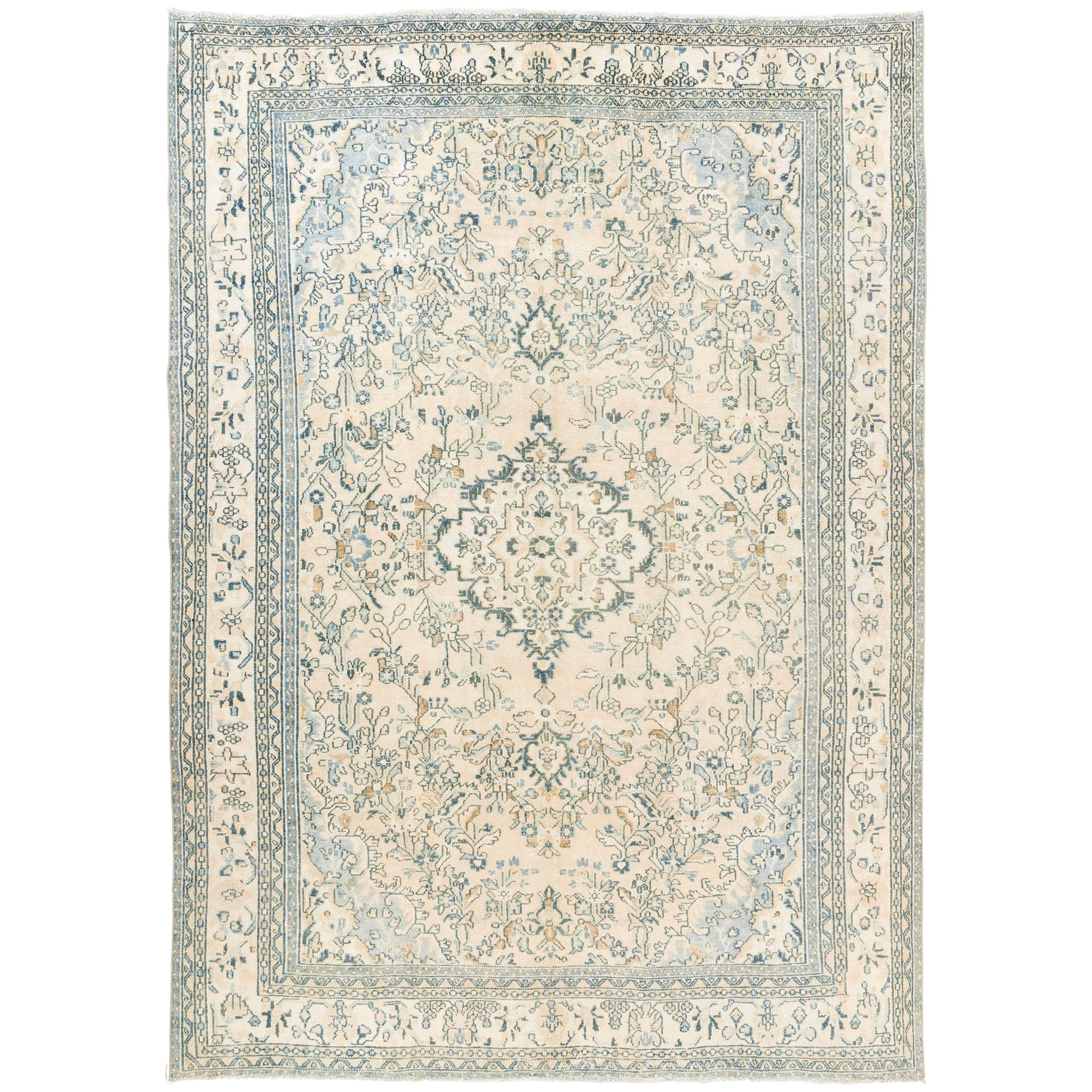 Vintage Oushak Area Rug in Soft Aqua Blue, Teal, Rust and Cream Colors