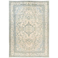 Vintage Oushak Area Rug in Soft Aqua Blue, Teal, Rust and Cream Colors