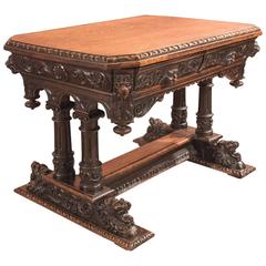 19th Century Antique Library Table, Victorian Carved Oak, Scottish, circa 1850