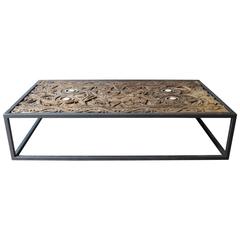 Antique Coffee Table with Old Top from a Kalimantan Door and Glass Cover