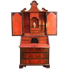 Very Rare English 18th Century Red Lacquer Secretary Bookcase