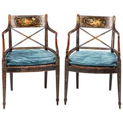 Pair of George III Period Mahogany Decorated Elbow Chairs
