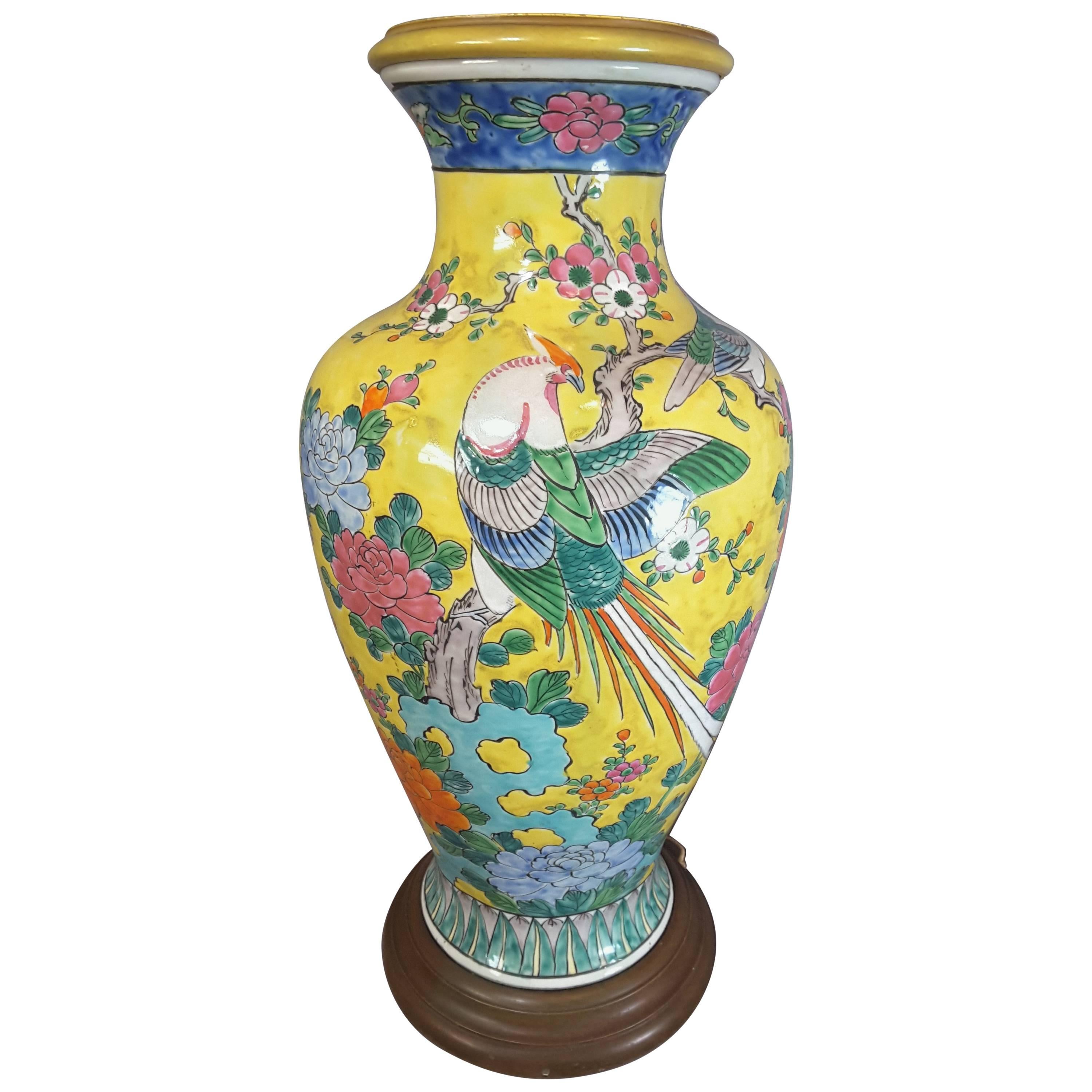 Chinese Imperial Yellow Large Table Lamp with Pheasant, Birds, Flowers & Foliage