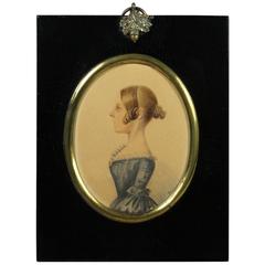 19th Century Watercolor Portrait Miniature Lady in Blue Dress Folk Art Signed 10