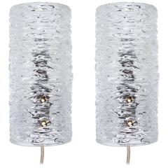 Pair of Orrefors Scandinavian Modern Textured Ice Glass Sconces 12