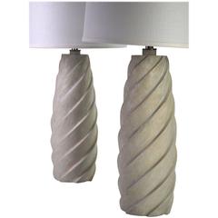 Mid-Century Modern Pair of Oak Spiral Lamps