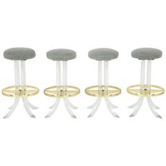 Set of Four Lucite and Brass Bar Stools