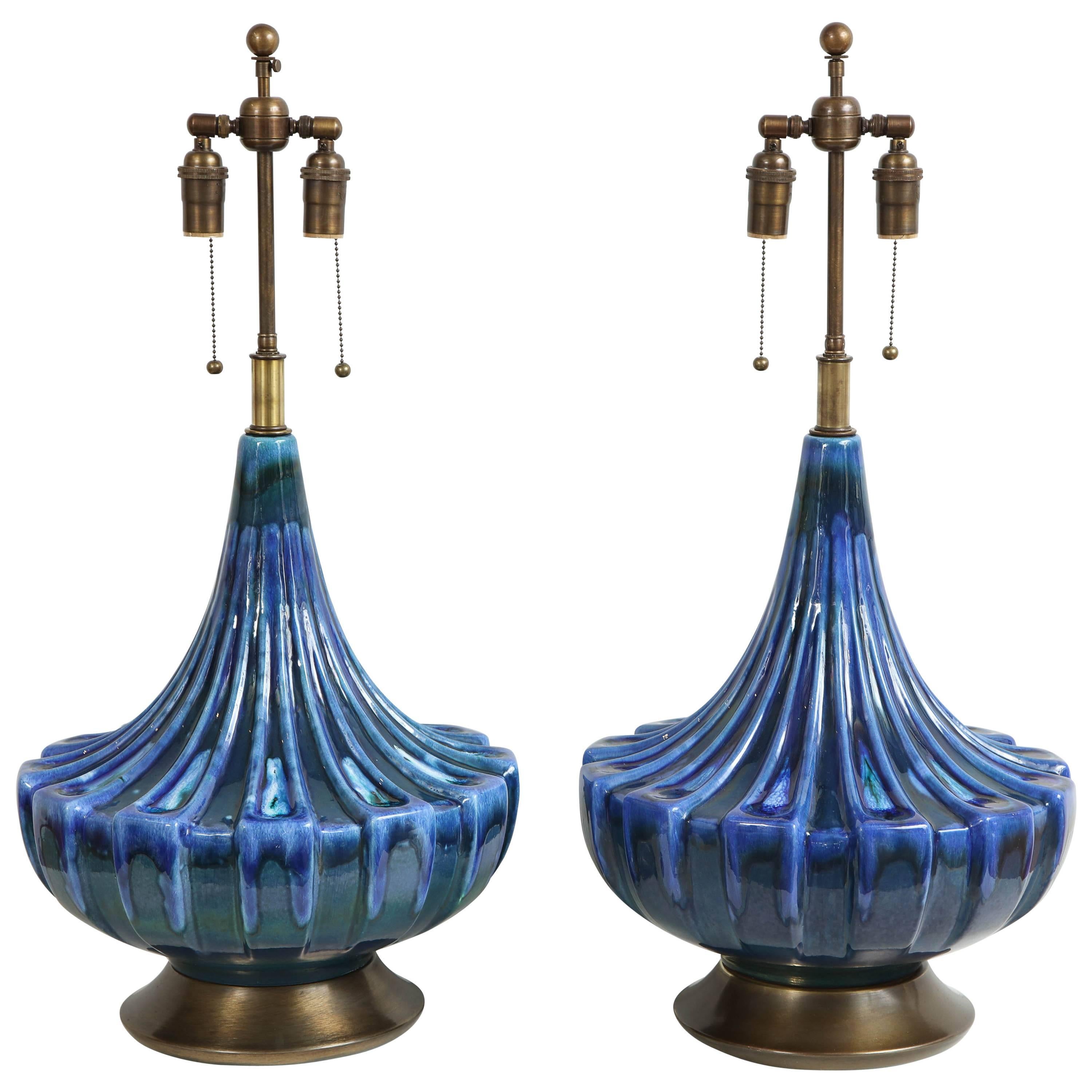 Large Pair of Blue Drip Glazed Lamps