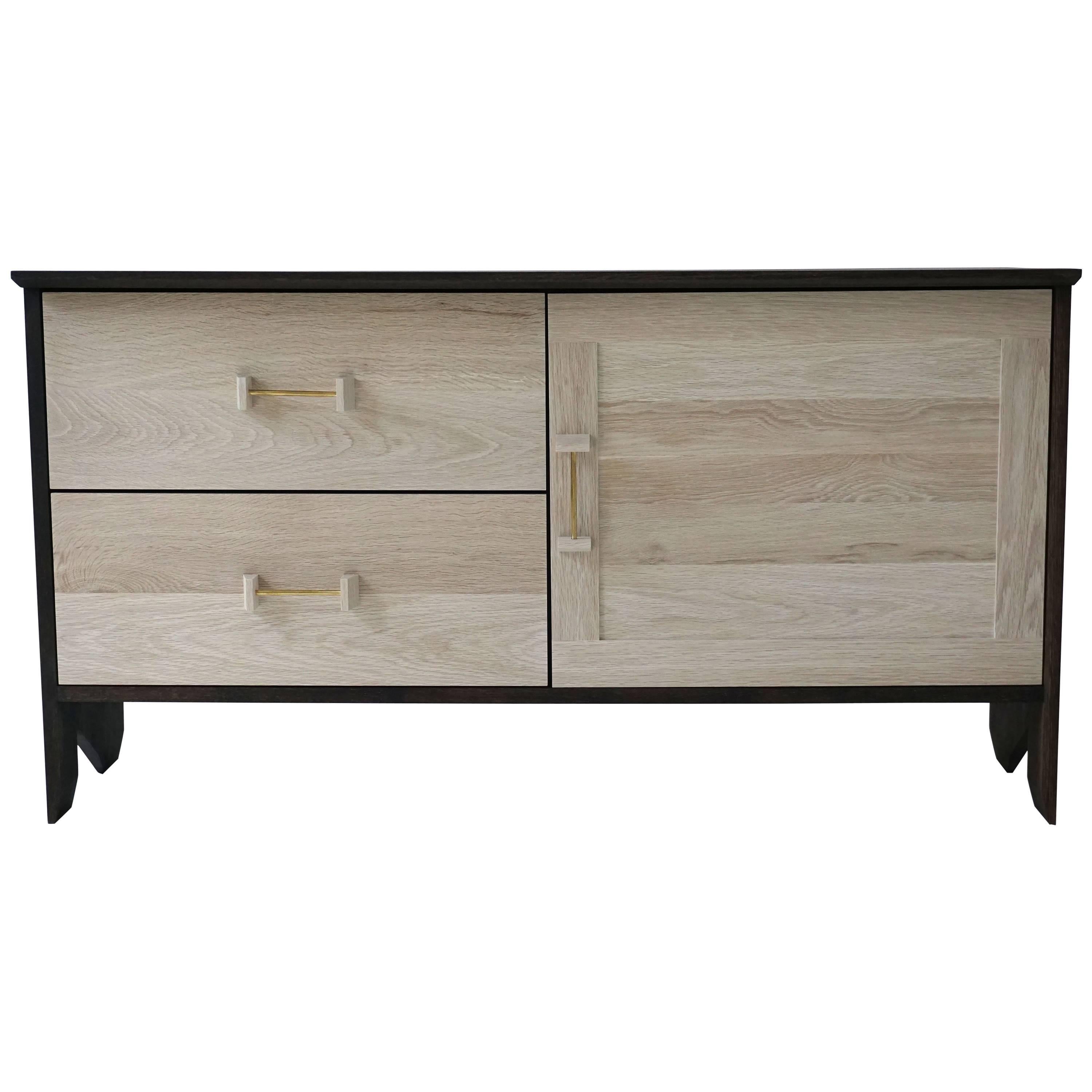 Phoebe Credenza Modern Sideboard in Bleached and Oxidized White Oak Brass Pull For Sale