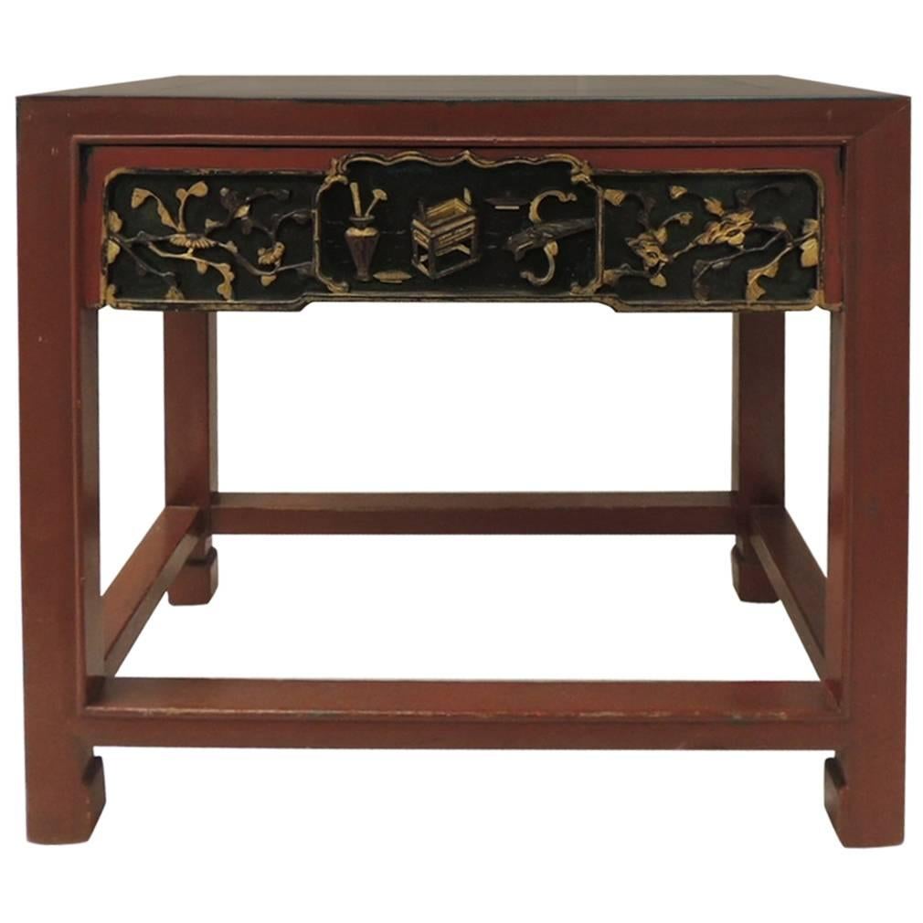 Vintage Chinese Red Lacquered Rectangular Side Table with Carving Apron