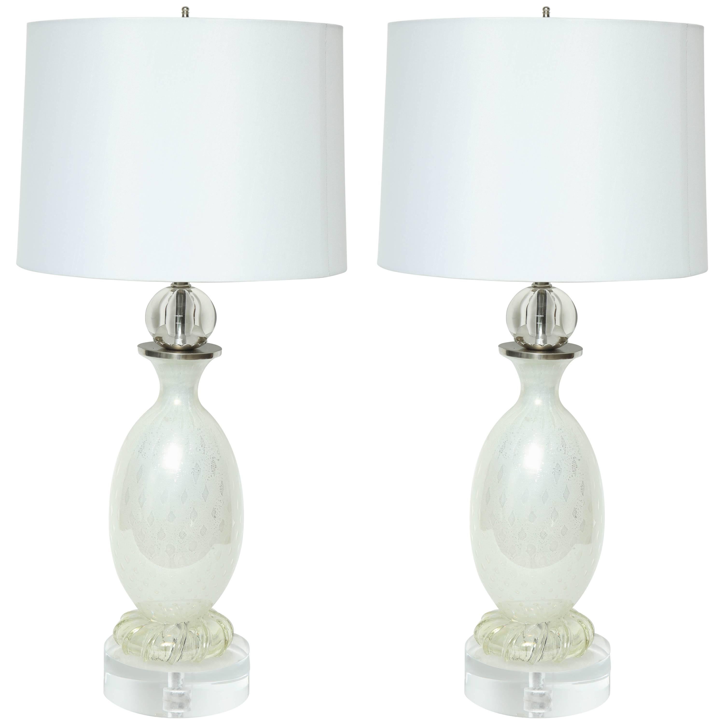 Seguso Pearl White Murano Glass Lamps