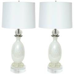 Seguso Pearl White Murano Glass Lamps