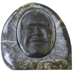 Retro Inuit Soapstone Sculpture of a Face Wrapped in a Parka Hood