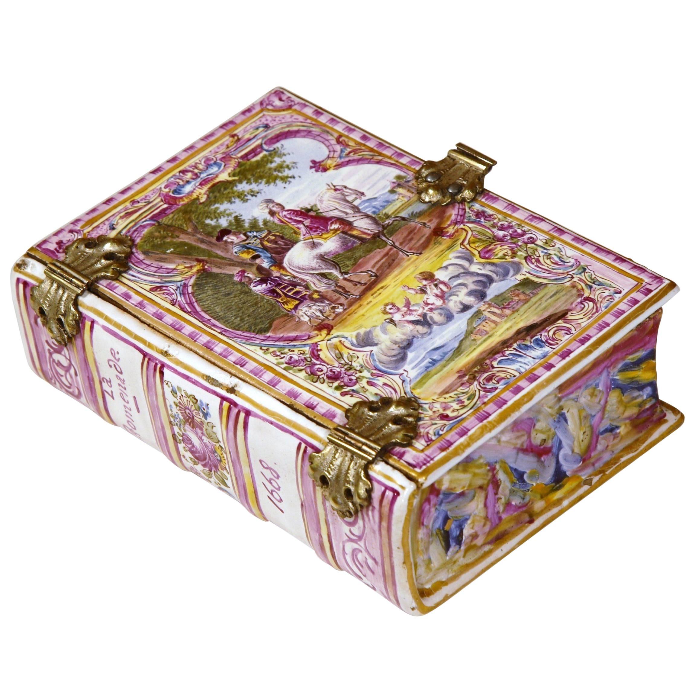 Early 19th Century French Hand-Painted Porcelain Jewelry Box Shaped as a Book
