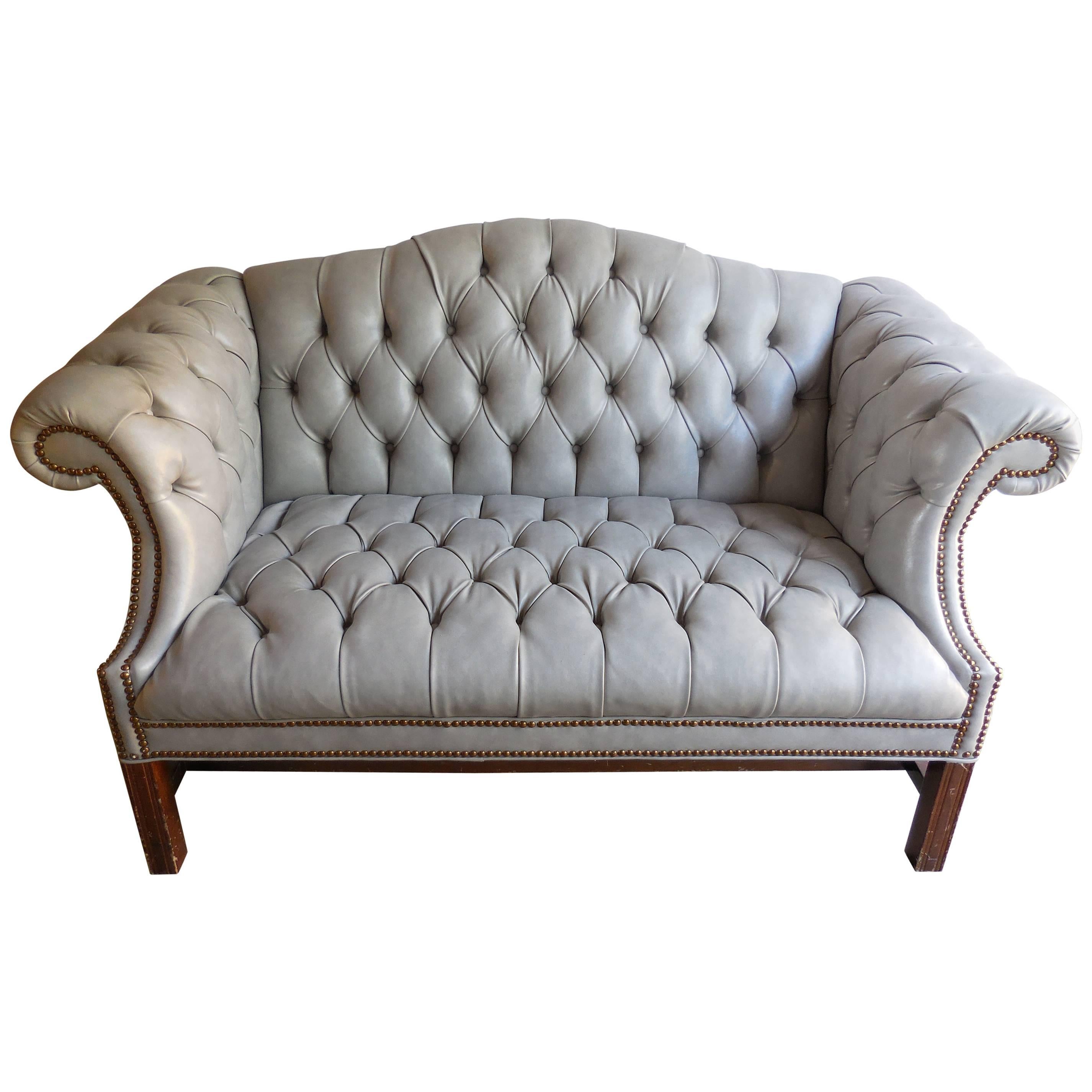 Chippendale Tufted Leather Settee For Sale