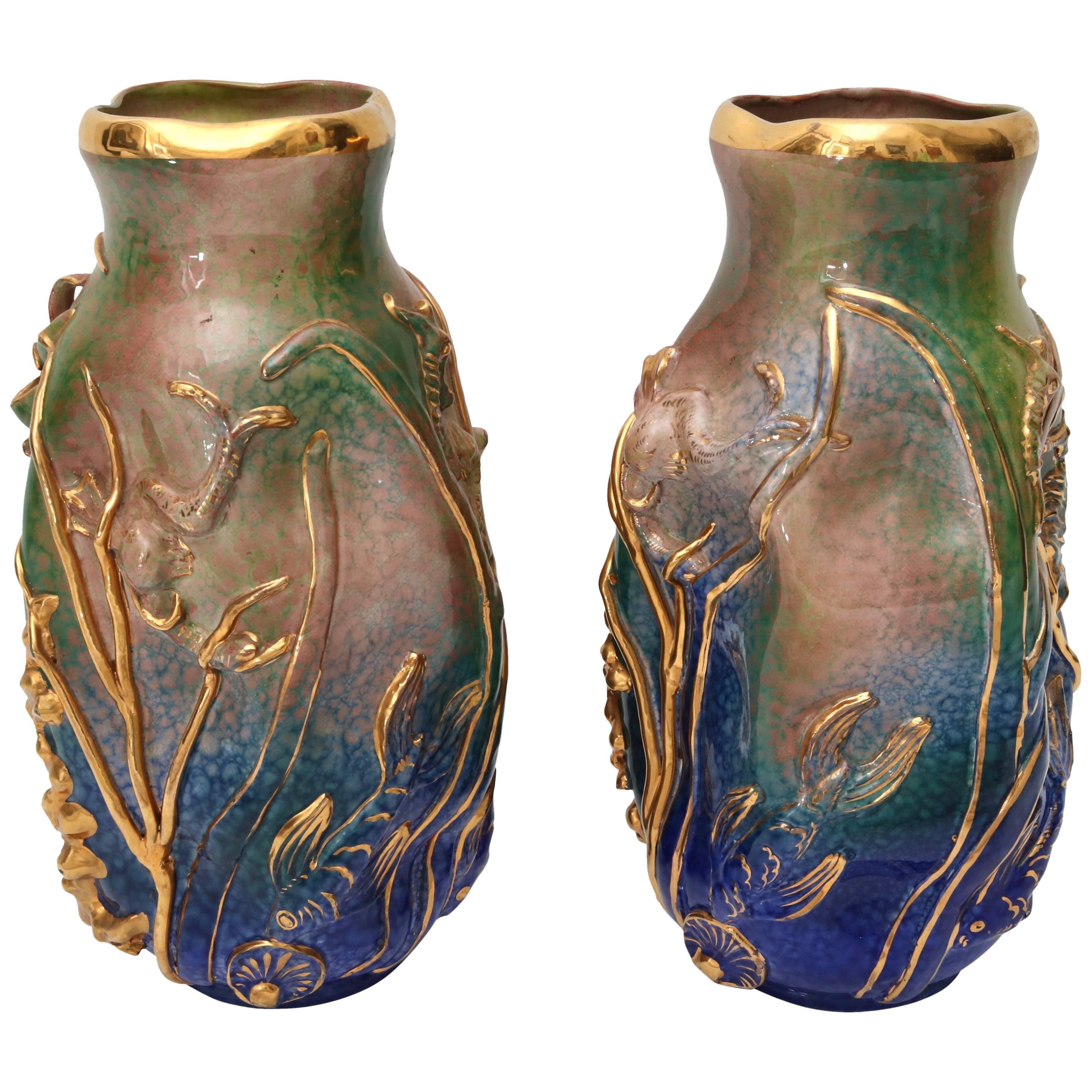 Set of Two Gio Ponti Style Glazed Terra Cotta Vases with Sea Life Motif