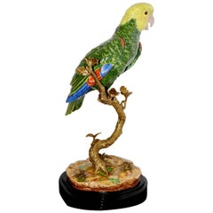 Parrot Sculpture in Solid Porcelain Hand-Painted Finish and Solid Bronze
