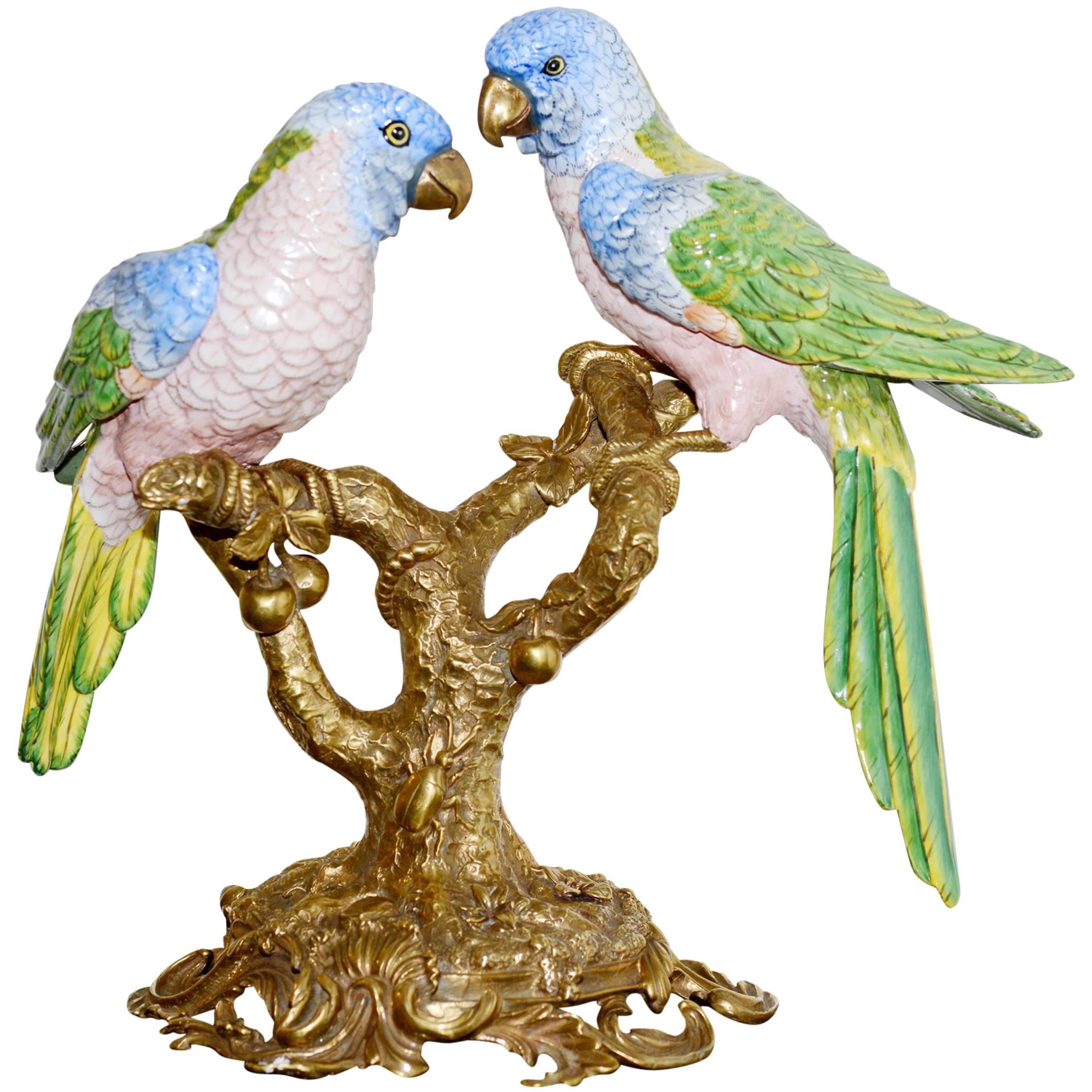 Parrot Couple Sculpture in Solid Porcelain Hand-Painted Finish and Solid Bronze For Sale