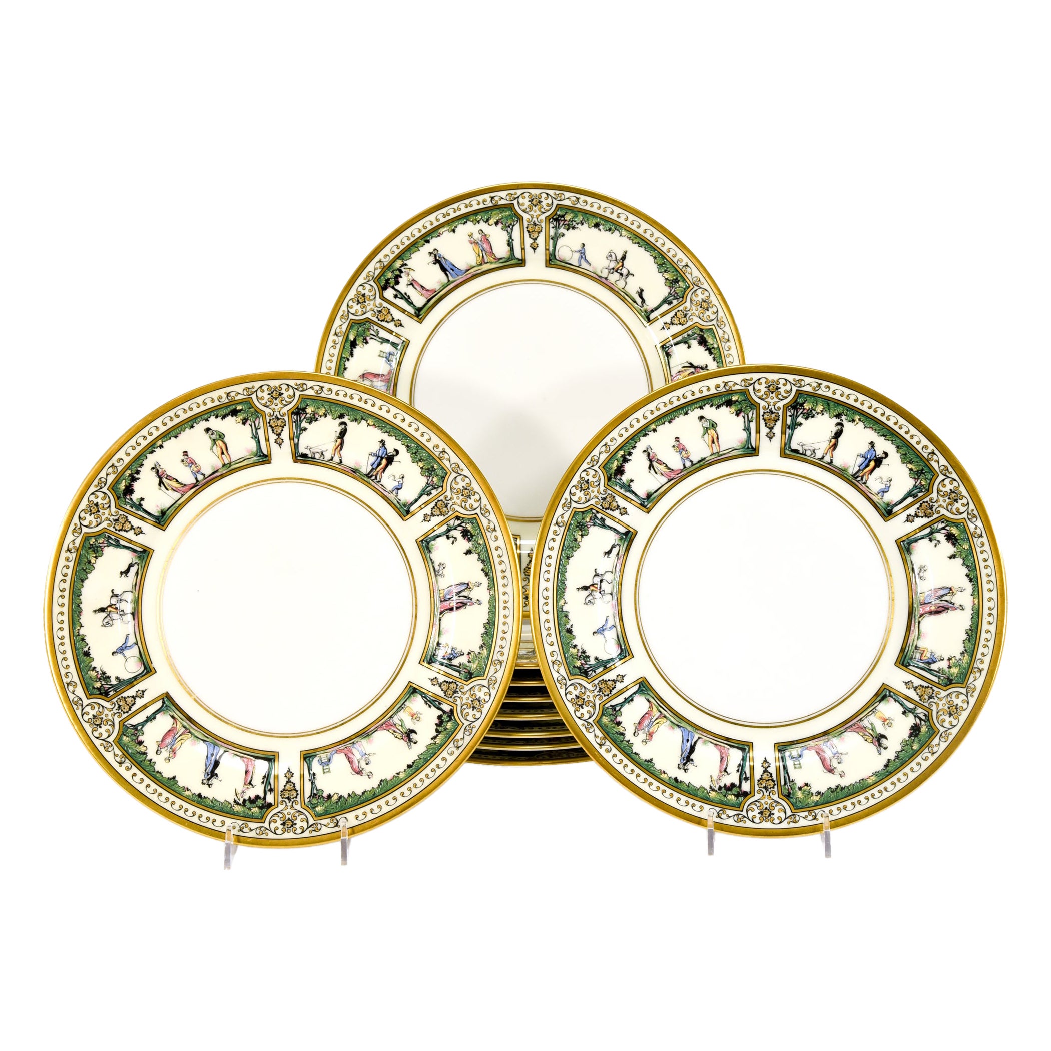 10 Raynaud Limoges Rare "Promenade au Palais Royale" Gilt Enamel Dinner Plates For Sale