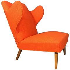 Rare Danish Orange Wool Winged Lounge Chair, 1960s